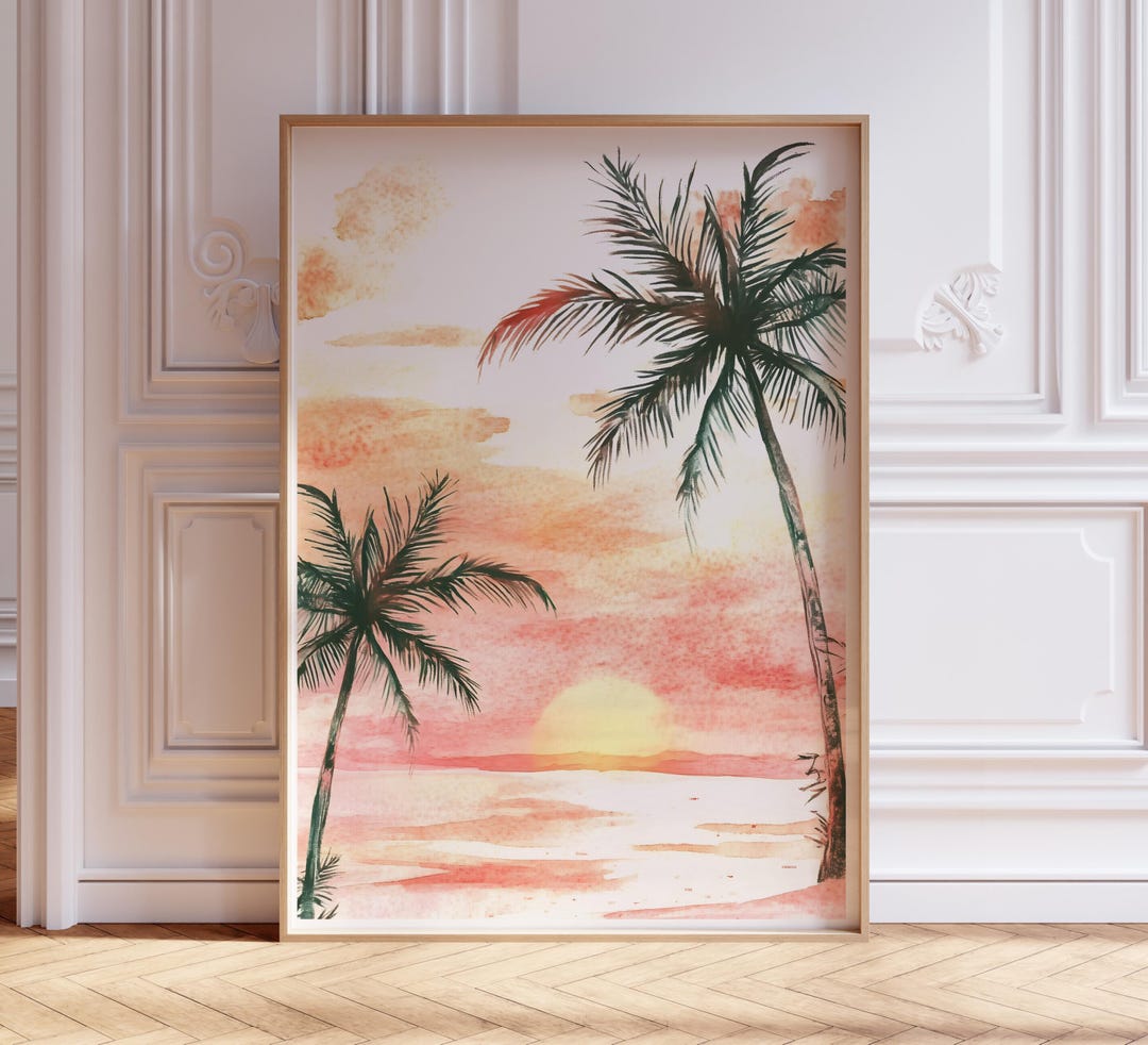 Watercolor Palm Trees Print, Pastel Pink Beach Sunset Painting