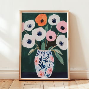 Impresión artística floral contemporánea de color verde esmeralda, pintura moderna de flores de tulipán en jarrón, arte de pared imprimible con flores de colores