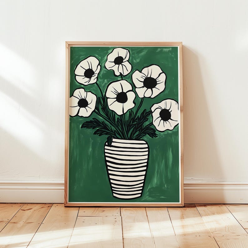 Green Floral Vase Art Print, Abstract Green Botanical Wall Decor ...