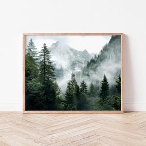 Forest mountains digital print, misty foggy mountains photography, green forest landscape print, large nature picture, printable wall art image 6