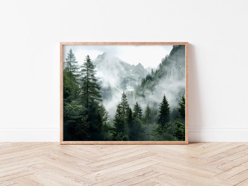 Forest mountains digital print, misty foggy mountains photography, green forest landscape print, large nature picture, printable wall art image 6