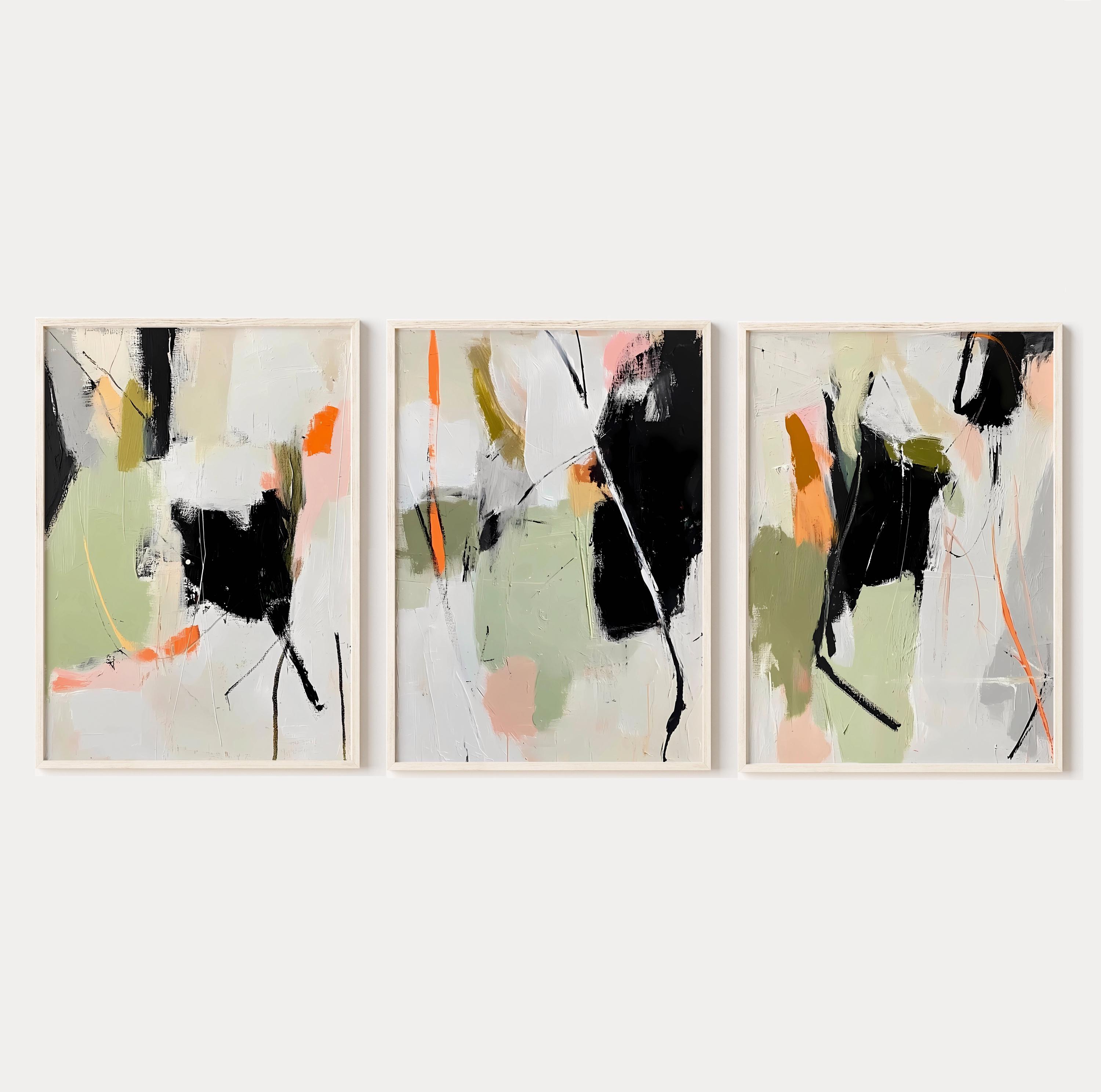 抽象的なパステルグリーンの絵画、モダンなグリーン/ブラック/ホワイト