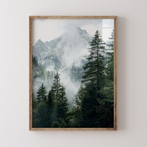 Forest mountains photography print, dark green nature print, foggy mountain landscape digital poster, large printable wall art image 3