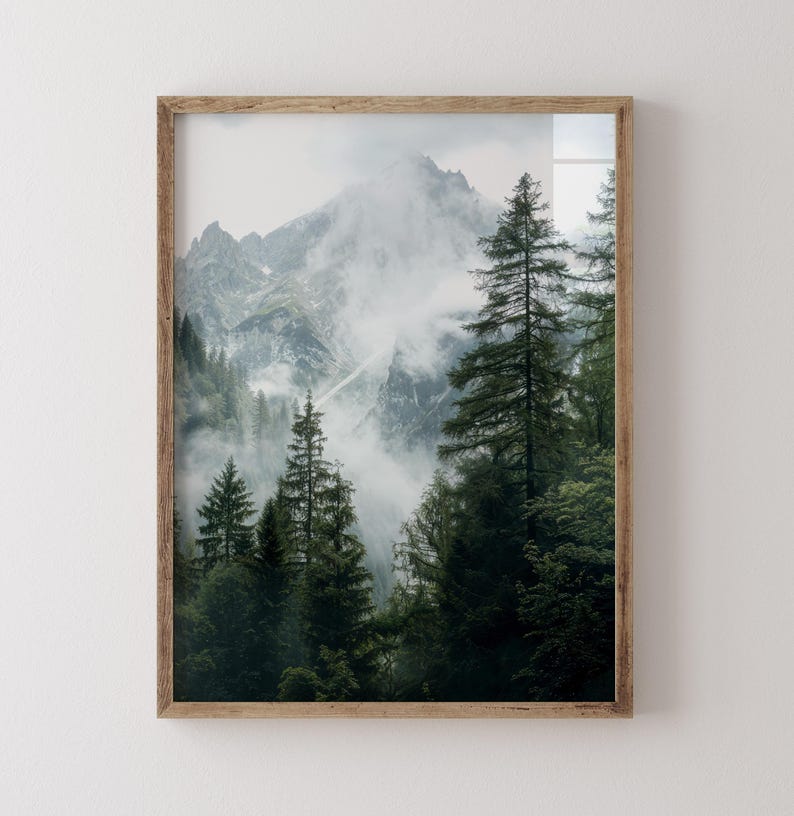Forest mountains photography print, dark green nature print, foggy mountain landscape digital poster, large printable wall art image 3