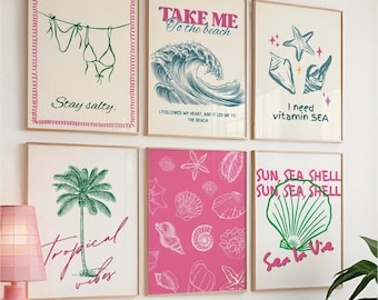 Retro Pink Coastal Print Set: Girly Beach Gallery Wall Art (Digital Download)