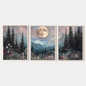 Vollmond stimmungsvolle himmlische Landschaft 3-teilige Wandkunst, Wald Berglandschaft Drucke Set von 3, Wildblumen Natur Triptychon, printable Kunst