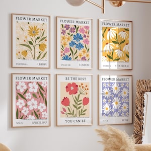 Prints bloemenmarkt, set van 6 prints, abstracte bloemengalerij muurkunst, bloemensteden digitale posters, afdrukbare muurkunst