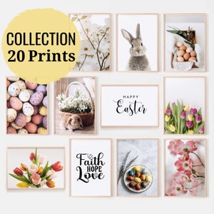 Può includere: Una collezione di 20 stampe a tema pasquale. Le stampe presentano immagini di uova di Pasqua, conigli, fiori e citazioni ispiratrici. Le stampe sono incorniciate in cornici di legno chiaro e sono esposte su una parete bianca.