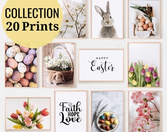 May include: A collection of 20 Easter-themed prints. The prints feature images of Easter eggs, bunnies, flowers, and inspirational quotes. The prints are framed in light wood frames and are displayed on a white wall.