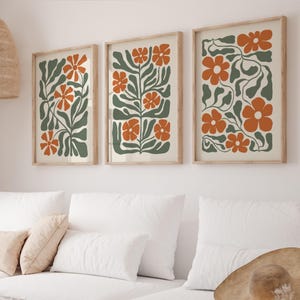 Abstract orange green flowers prints, boho terracotta prints set of 3, vintage botanical floral art, Flower Market printable wall art