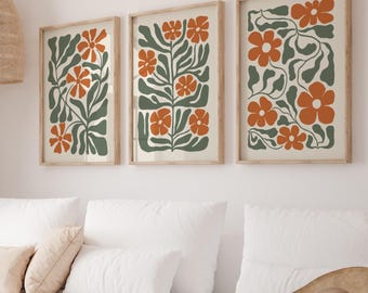 Abstract orange green flowers prints, boho terracotta prints set of 3, vintage botanical floral art, Flower Market printable wall art