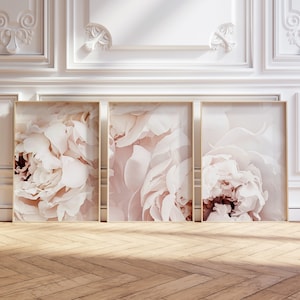 Blush pink Peonies prints set of 3, pink flowers triptych art, printable wall art