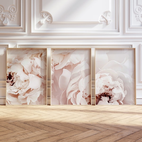 Blush pink Peonies prints set of 3, pink flowers triptych art, printable wall art