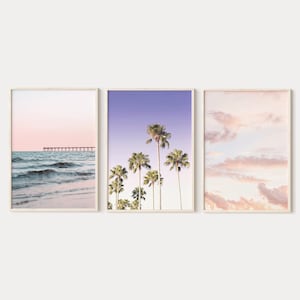 Pastel Pink beach wall art, palm trees prints set of 3, boho coastal vibes posters, tropical photography, printable wall art