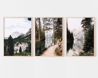 Può includere: Un set di tre stampe artistiche verticali con cornici in legno chiaro. La stampa a sinistra mostra un paesaggio montano con alberi e una strada. Quella centrale presenta un sentiero sterrato verso un lago e un bosco. Quella a destra mostra un lago con riflessi di montagne.