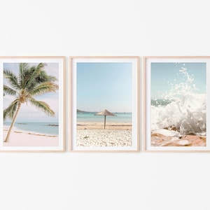 Summer Beach Set of 3 prints, Neutral beach picture prints, Tropical Palm tree posters, Boho Printable Wall Art