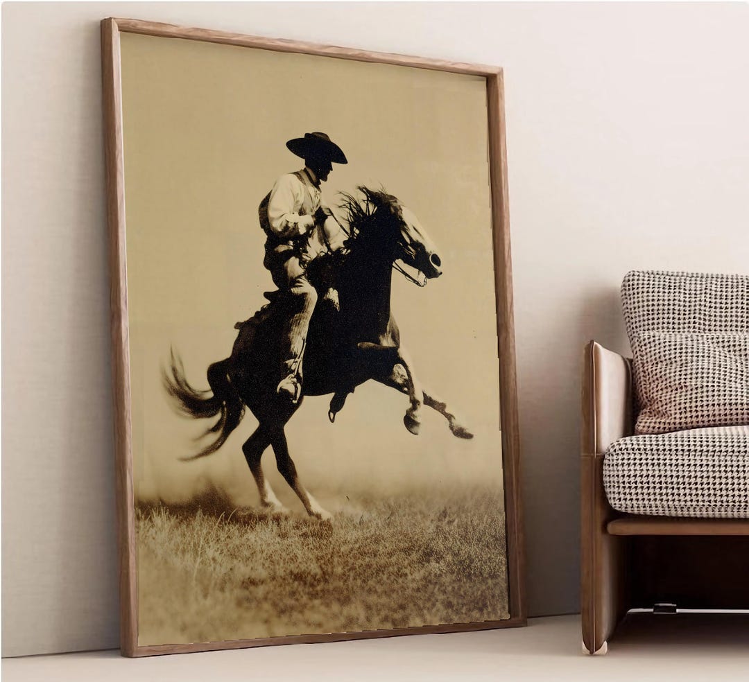 Western Vintage Cowboy Print, Rustic Rodeo Cowboy on Horse Poster ...