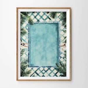Swimming pool art print, summer retro pool painting, large printable wall art