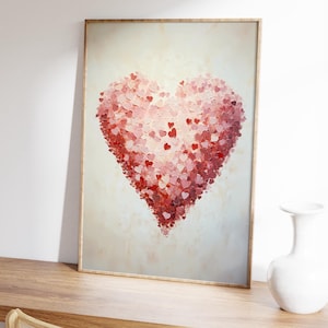 Red heart valentine print, minimalist neutral heart painting, romantic trendy heart poster, large printable wall art