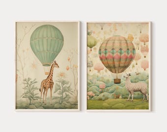Nursery hot air balloon prints set of 2, vintage kids animal illustrations, digital download
