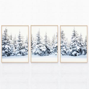 Set di 3 stampe di paesaggi invernali, fotografie naturalistiche di foreste innevate, 3 pezzi di arte murale natalizia, arte murale stampabile