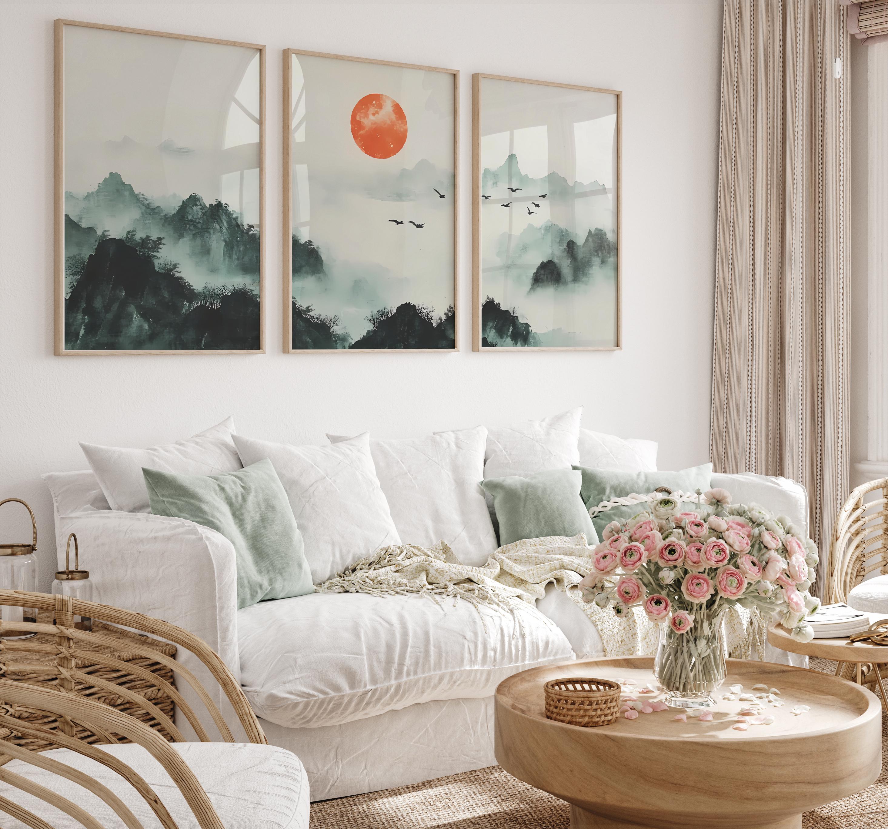 Abstract Mountain Landscape Prints: Japandi Sage Green Wall Art