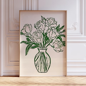 Green floral vase print, minimalist hand drawn peony flowers painting, modern floral line art, printable wall art