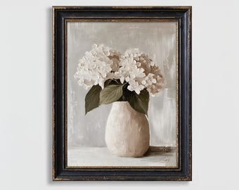 Neutral hydrangeas print, muted colors flowers in vase painting, vintage white floral artwork, printable wall art
