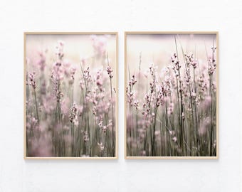 Juego de 2 impresiones de lavanda, fotografía de flores moradas, pósteres de campos de lavanda, arte mural imprimible