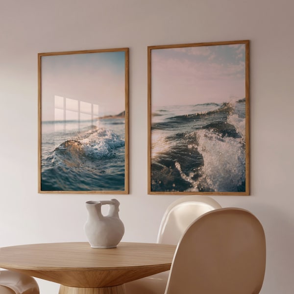 Ocean Waves Prints Set of 2, Nordic Ocean Photography, Coastal Water Digital Prints, Printable Beach Wall Art