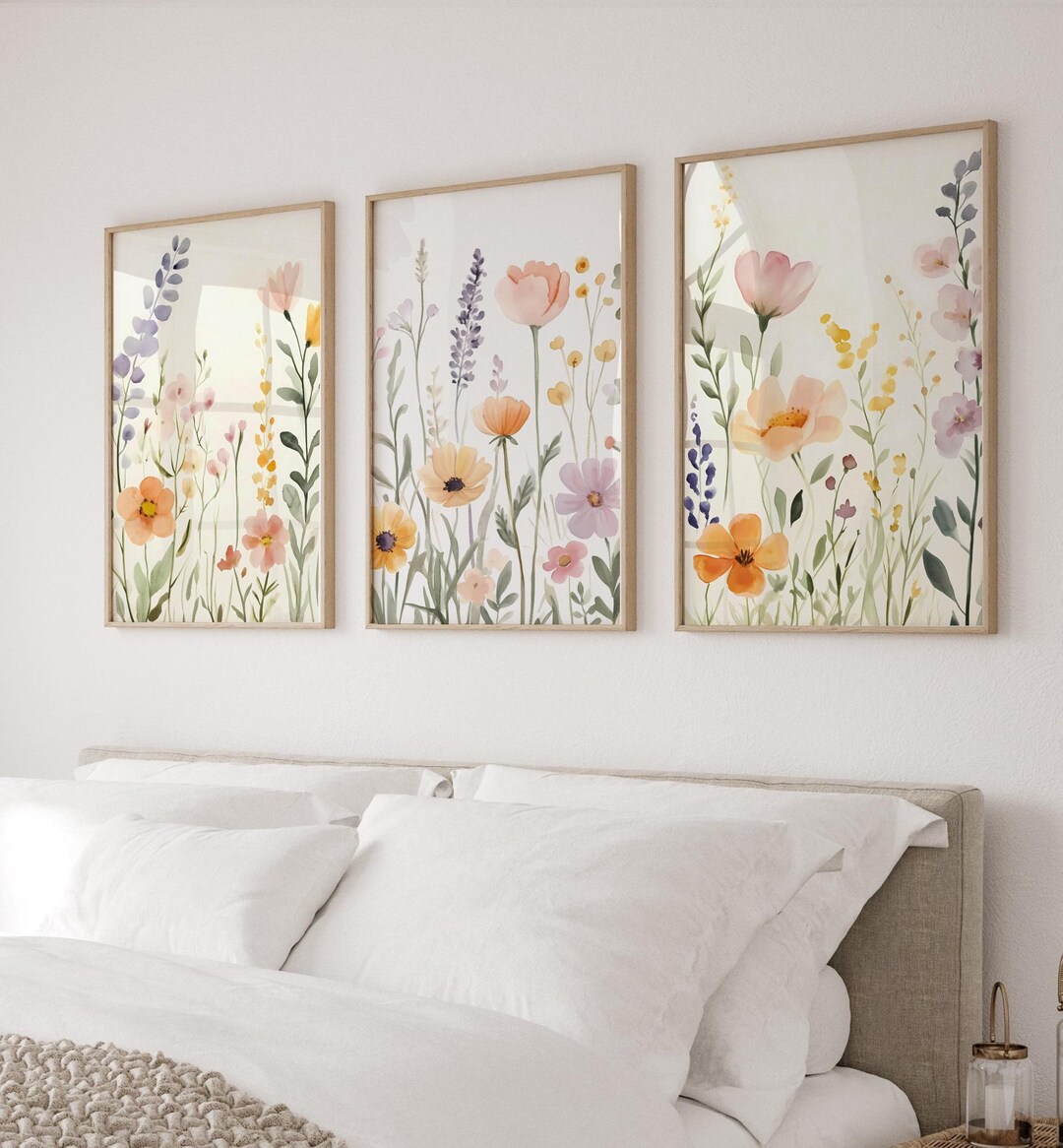Pastel Wildflowers Prints Set of 3, Watercolor Colorful Wildflowers 3 ...