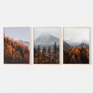 Op de afbeelding: Een set van drie verticale wandkunstprints in lichte houten lijsten, elk met een berglandschap met herfstbladeren. De afbeeldingen tonen oranje en gele bomen tegen besneeuwde bergtoppen onder bewolkte en heldere hemelomstandigheden.