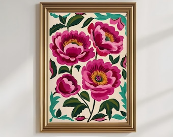 Rosa pion konsttryck, sommarpioner målning, moderna ljusa abstrakta blommor digital nedladdning