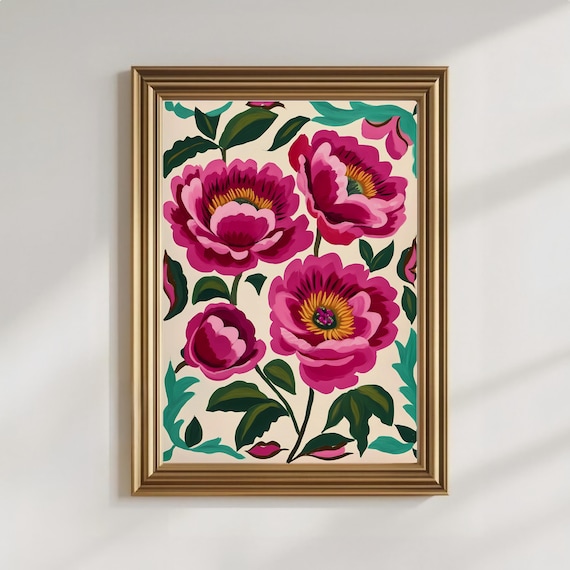 Pink Peony art print, summer peonies painting, modern bright abstract flowers digital download