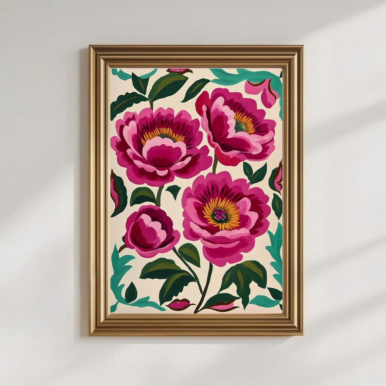 Impresión artística de peonía rosa, pintura de peonías de verano, flores abstractas modernas y brillantes, descarga digital imagen 1