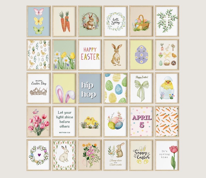 30 Easter wall art prints, pastel eggs bunny posters, spring bundle printables, digital download image 2