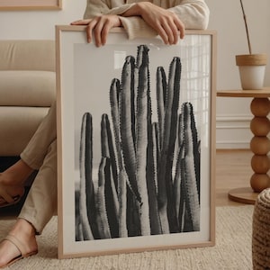 Schwarz weiße Kaktus-Fotografie, moderne Wüstendruck, minimalistisches südwestliches digitales Poster, große druckbare Wandkunst