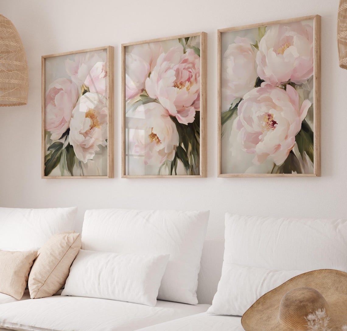 Pastel Pink Peony Prints Set of 3, Soft Pink Flowers Paintings ...
