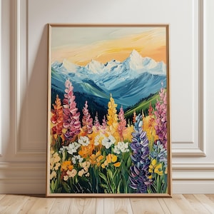 Colorful Wildflowers scenery print, Alpine spring floral mountain landscape art, large room printable wall art