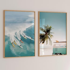 Surf beach prints set of 2, palm tree coastal photography, tropical ocean digital posters, summer beachy printable wall art