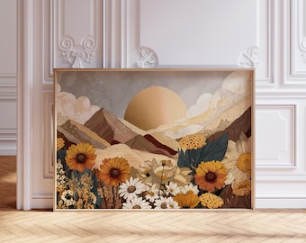 Abstract mountains landscape art print, boho wildflowers gold sun nature illustration, digital download
