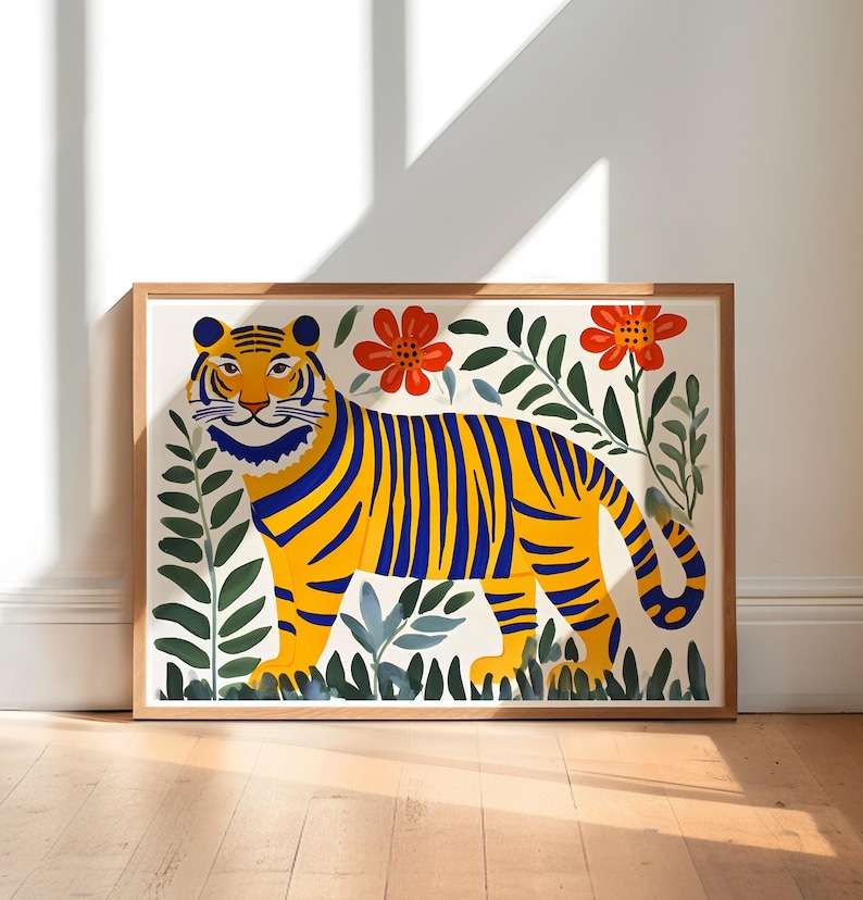 May include: A framed illustration of a yellow and blue striped tiger standing in a field of green leaves and red flowers.