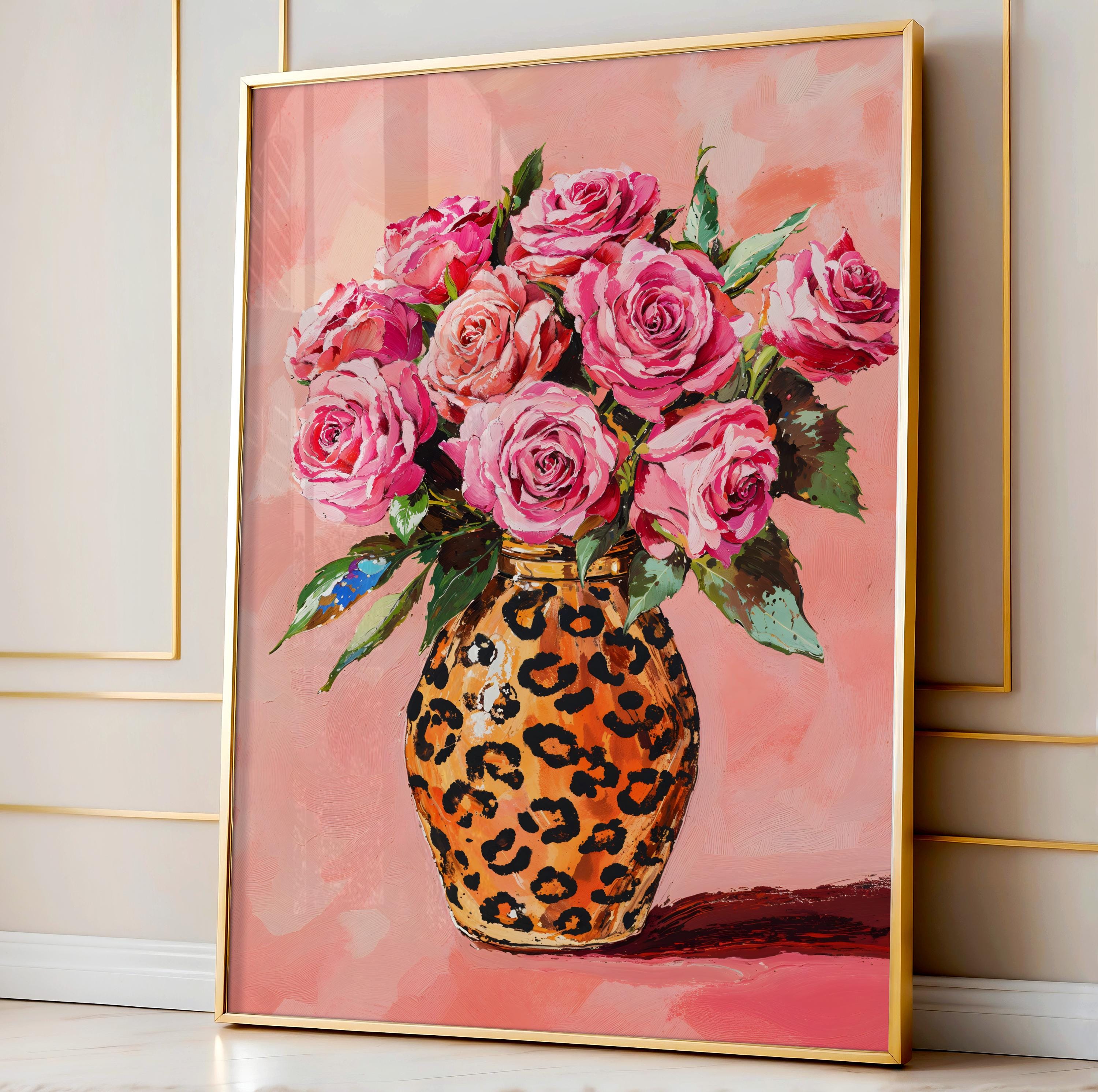 Vibrant Pink Roses Print, Leopard Vase Painting, Pinky Fashion Floral ...