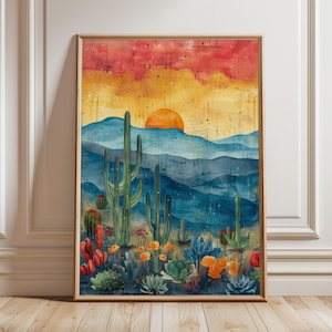 Abstrakte Wüstenlandschaft, buntes Gemälde des Südwestens, Retro-Kaktus-Sonnenuntergang-Plakat, maximalistische westliche druckbare Wandkunst