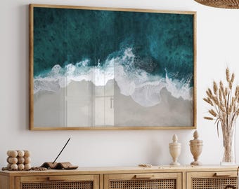 Beachy wave print, coastal horizontal photography, aerial turquoise ocean water digital poster, printable wall art