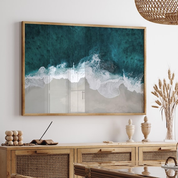 Beachy wave print, coastal horizontal photography, aerial turquoise ocean water digital poster, printable wall art