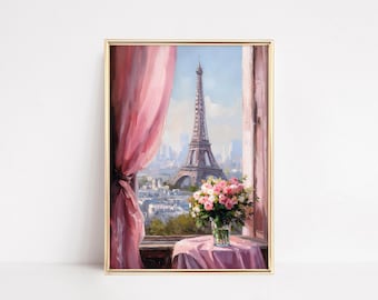 Pink Paris art print, Eiffel Tower painting, girly coquette room poster, floral aesthetic Paris print, printable wall art