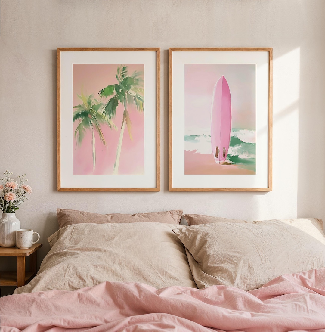 Pastel Surf Beach Prints Set of 2, Coastal Palm Tree Poster, Pink
