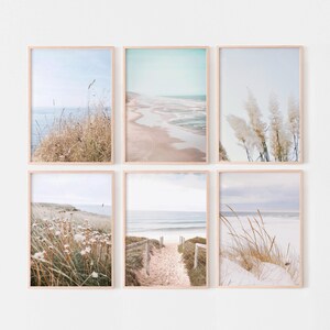 Puede incluir: Un conjunto de seis láminas decorativas rectangulares en marcos de madera clara, con escenas costeras que incluyen playas de arena, olas del mar, hierbas de duna, flores silvestres blancas y penachos de hierba de la pampa.