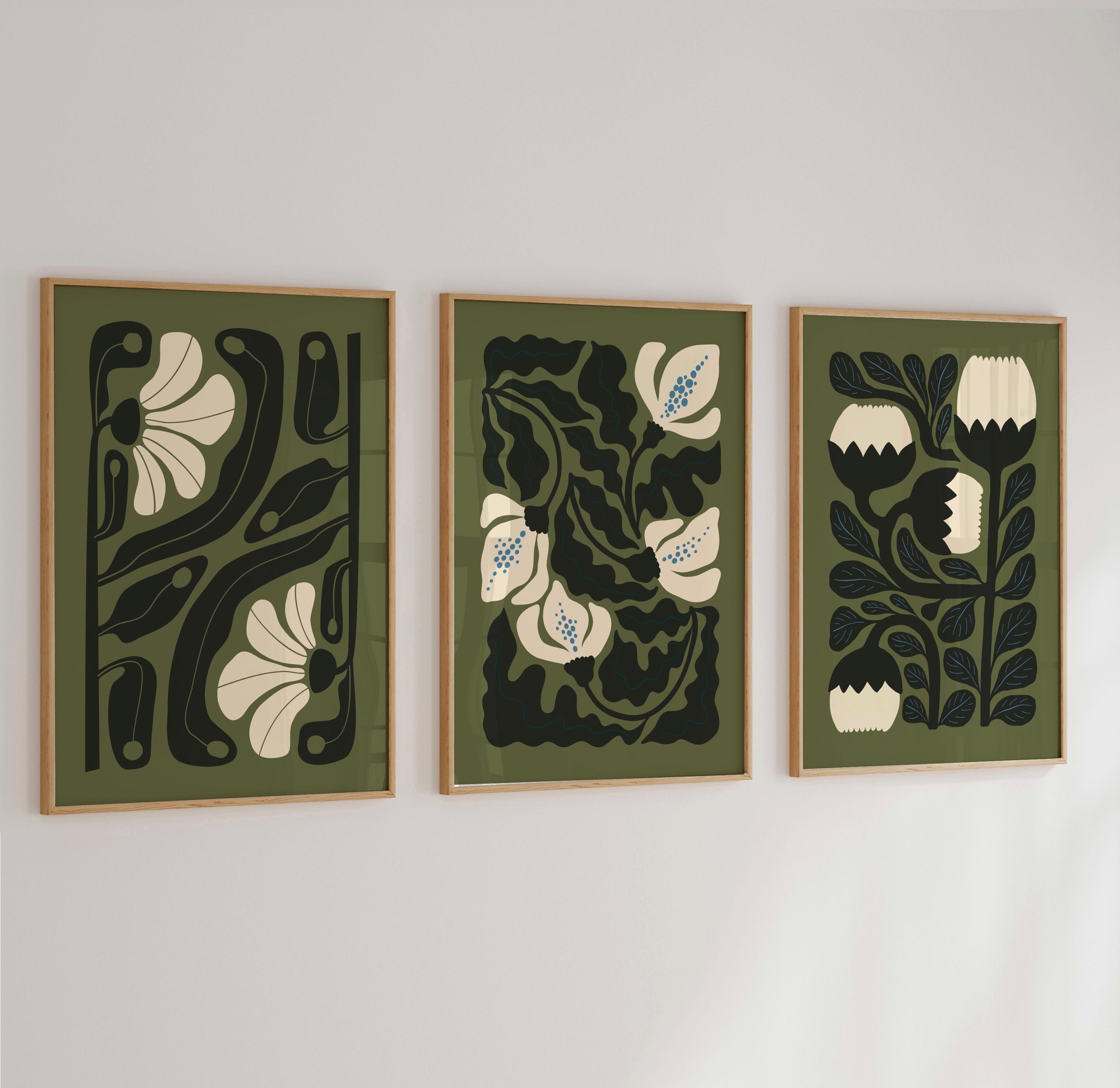 Abstract Floral Dark Green Prints Set of 3: Modern Moody Botanical